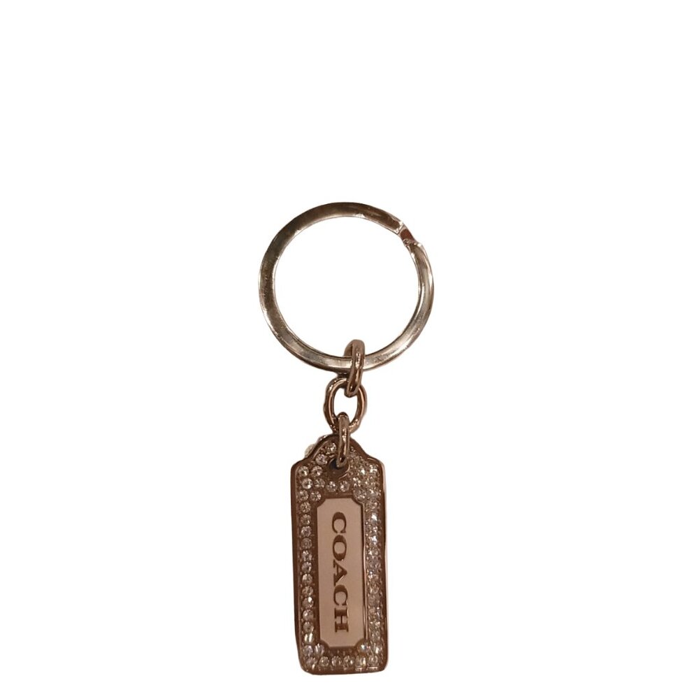 Coach Silver Rectangular Logo Key Ring with Rhinestone Border - Picture 2 of 15